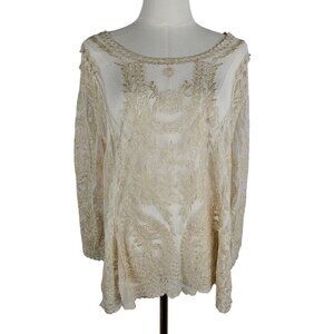 Banana USA Gold Lace Top Medium Sheer Crochet Boho Tunic Layer